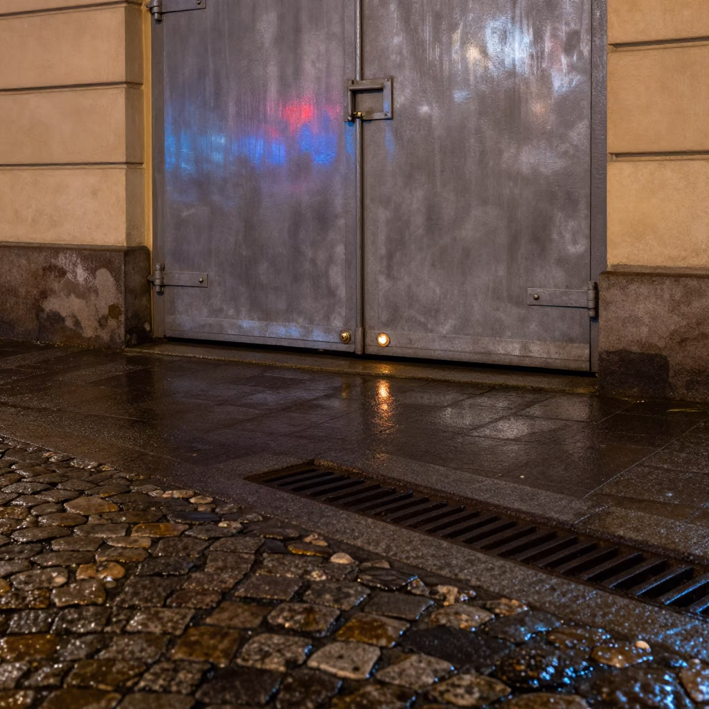 Midnight Berlin Street Scene with Condensation on Drain and Deadbolt Detail in in Berlin, Germany