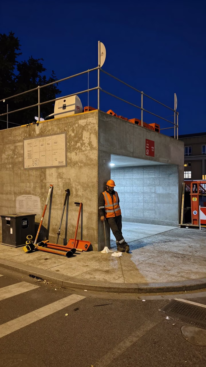 Midnight Berlin Street Scene with Construction Tools and Late Night Food in in Berlin, Germany