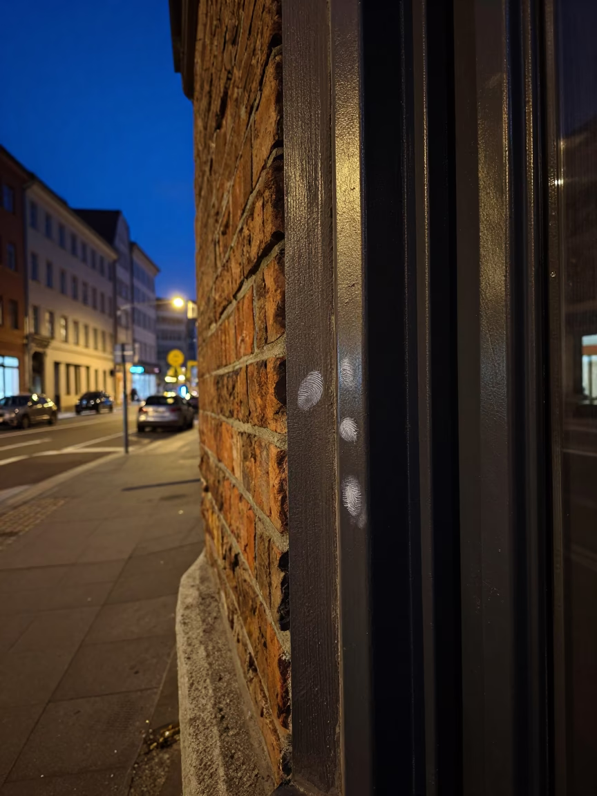 Midnight Berlin Street Scene with Fingerprinted Doorframe and Urban Decay in in Berlin, Germany