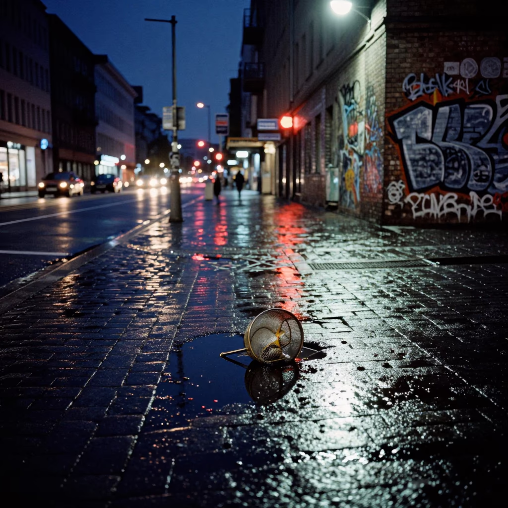 Midnight Berlin Street Scene with Neon Reflections and Urban Decay Details in in Berlin, Germany