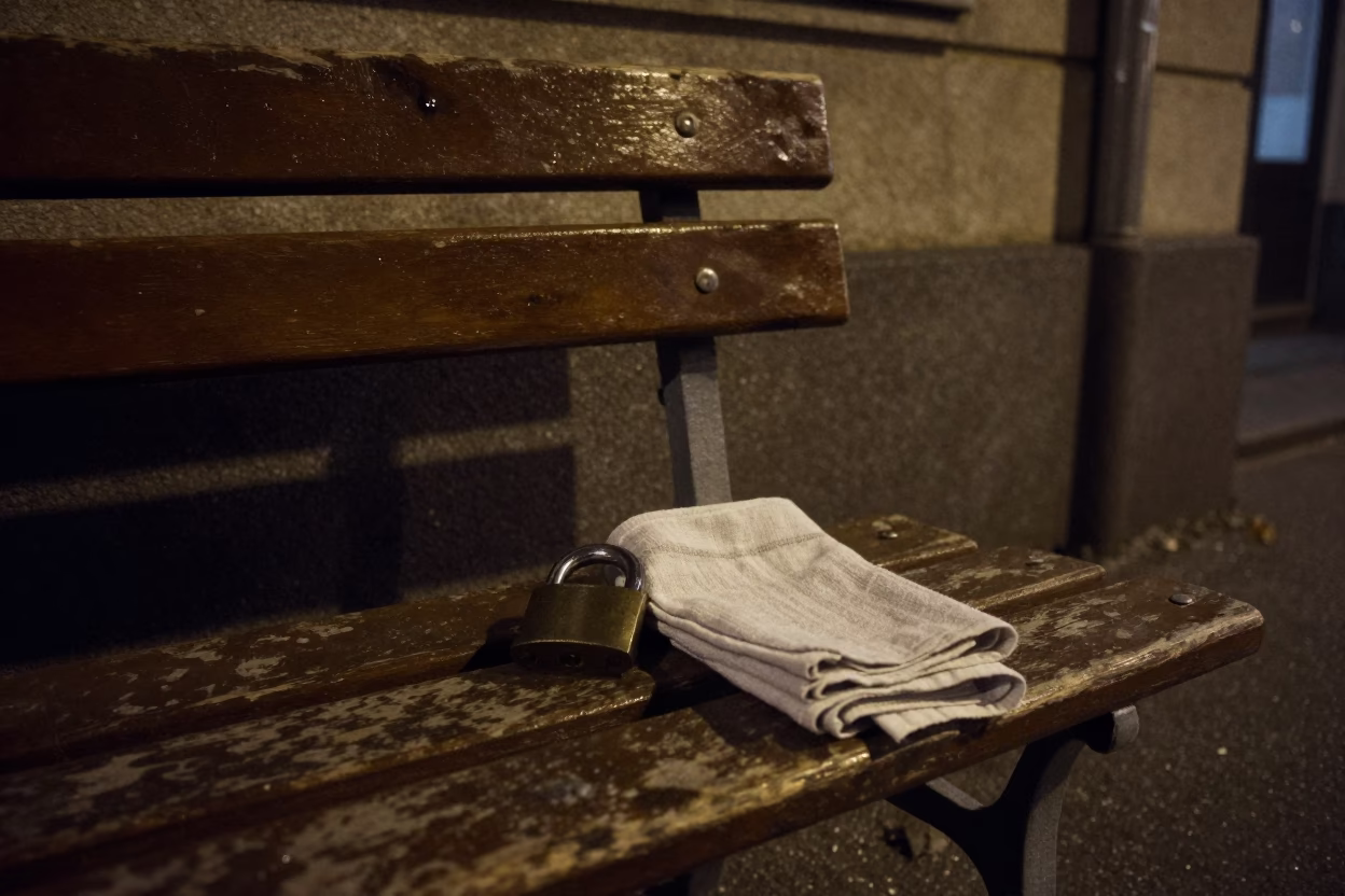 Midnight Berlin Street Scene with Padlock and Dish Towel on Urban Bench in in Berlin, Germany
