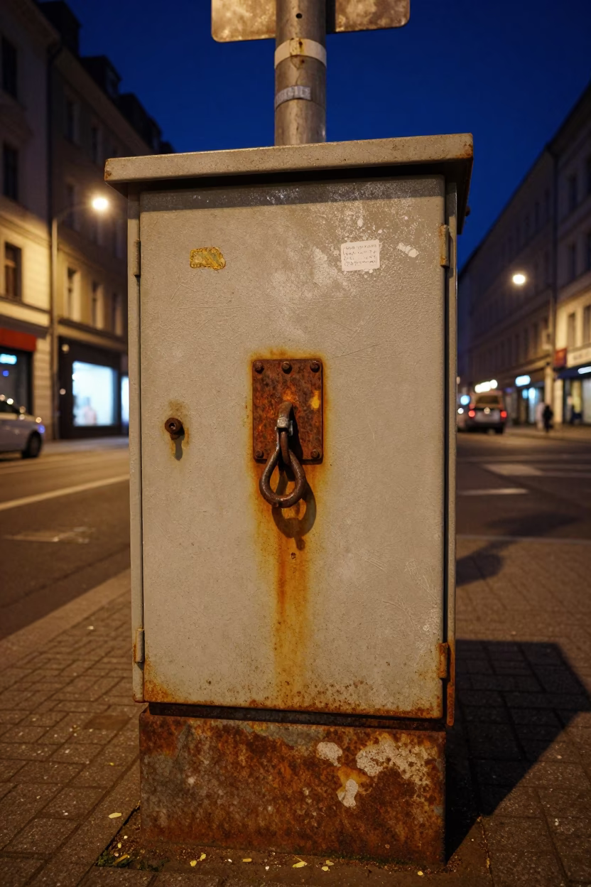 Midnight Berlin Street Scene with Rusty Utility Box and Wet Pavement Reflections in in Berlin, Germany