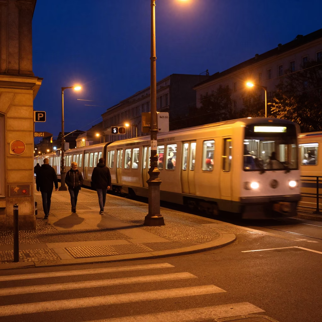 Midnight Berlin Street Scene with S-Bahn Train Passing Through Urban Night in in Berlin, Germany