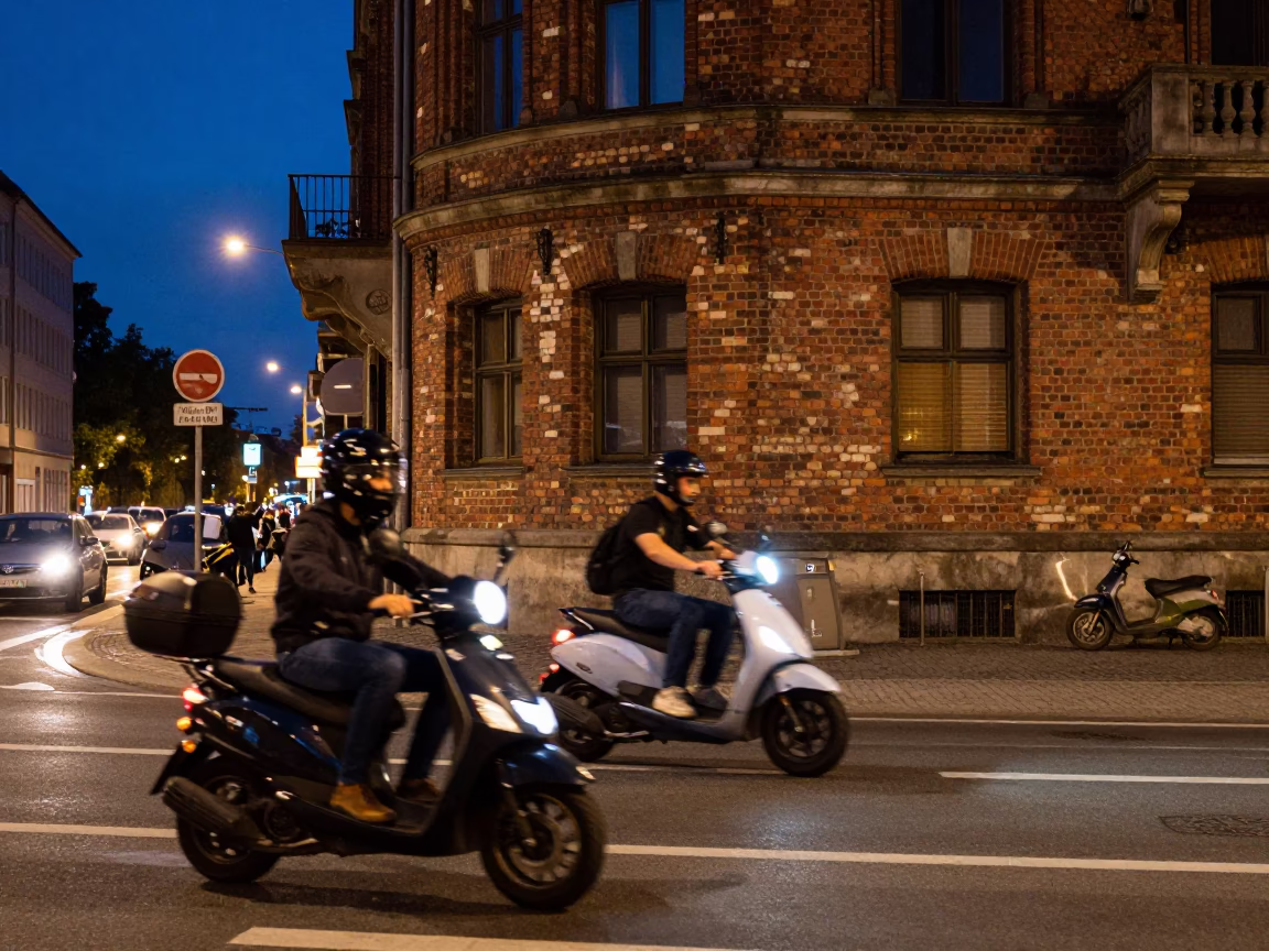 Midnight Berlin Street Scene with Scooter and Urban Life in in Berlin, Germany