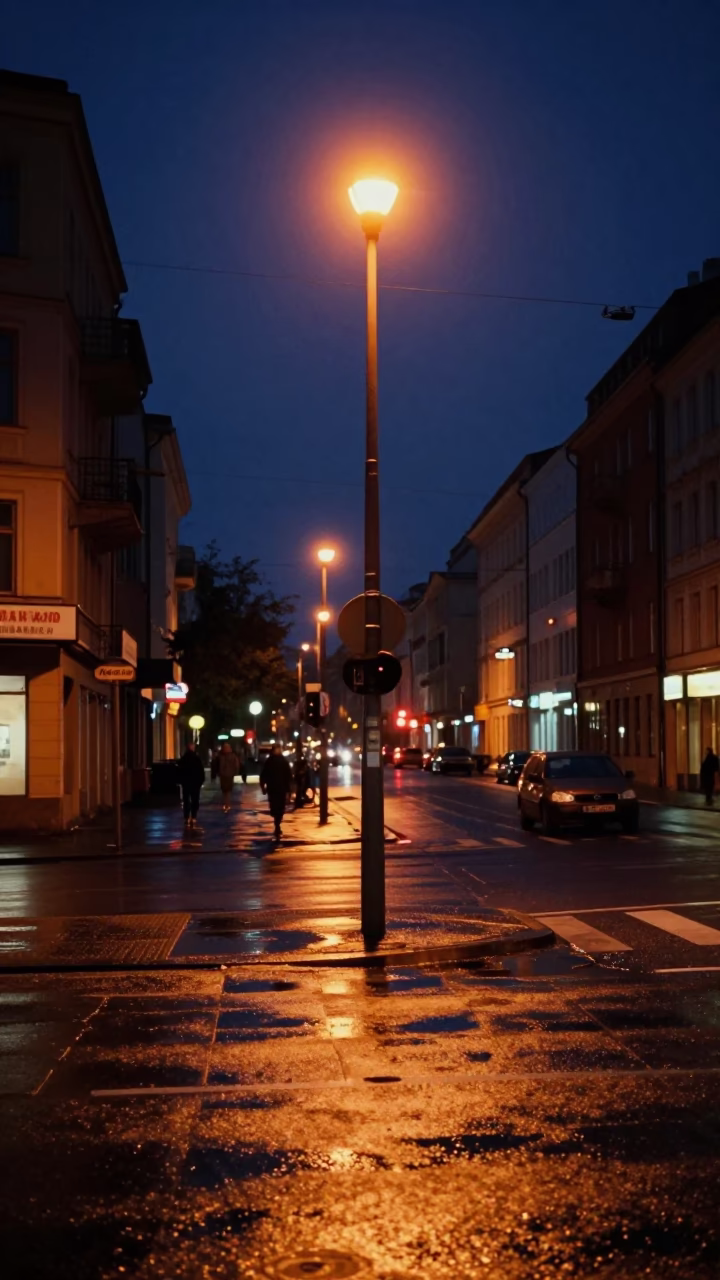 Midnight Berlin Street Scene with Sodium Lights and Urban Decay in in Berlin, Germany