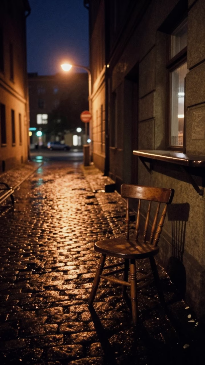 Midnight Berlin Street Scene with Spindle Chair and Bar Stools in Rainy Alleyway in in Berlin, Germany