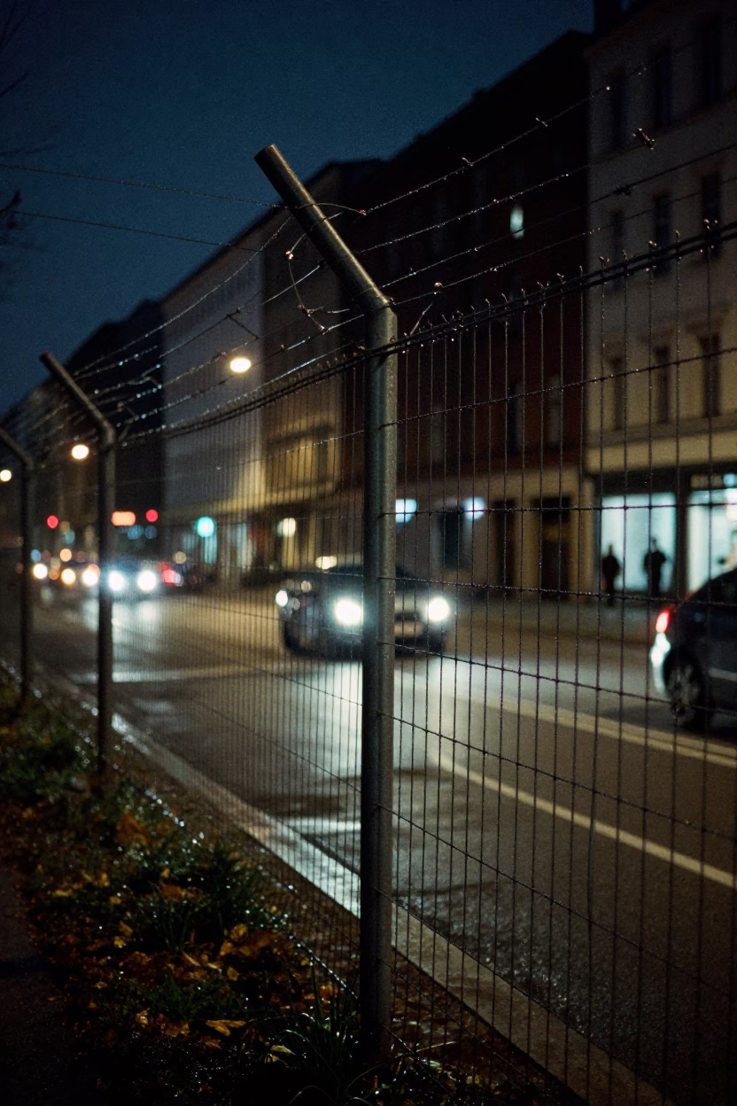 Midnight Berlin Street Scene with Substation Fence and Urban Decay in in Berlin, Germany