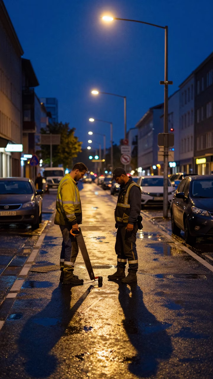 Midnight Berlin Street Scene with Tool Rolls and Coping Saw on Wet Pavement in in Berlin, Germany