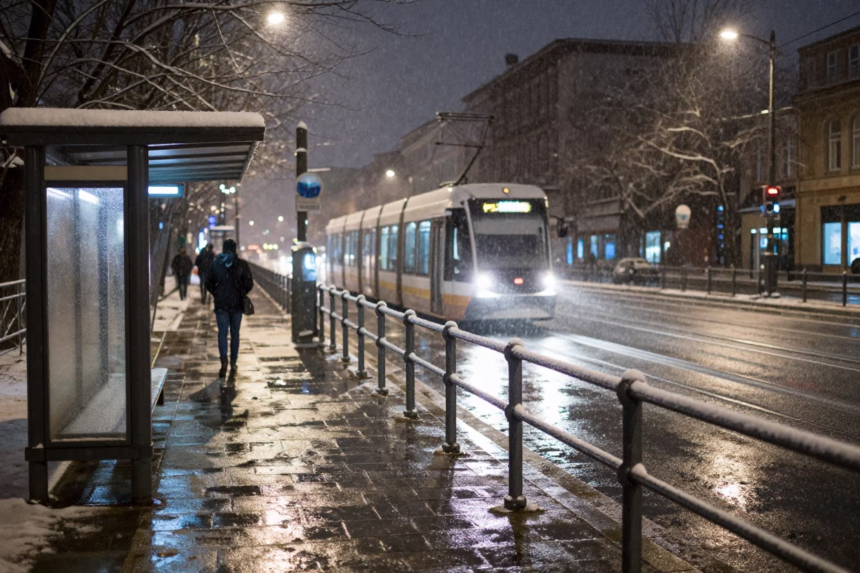 Midnight Berlin Street Scene with Tram Lights and Snowy Sidewalk in in Berlin, Germany