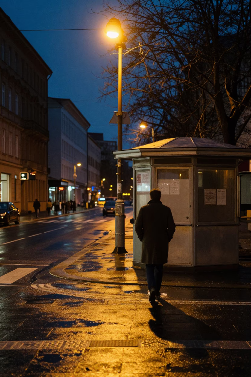 Midnight Berlin Street Scene with Vintage 1970s Aesthetic and Urban Details in in Berlin, Germany