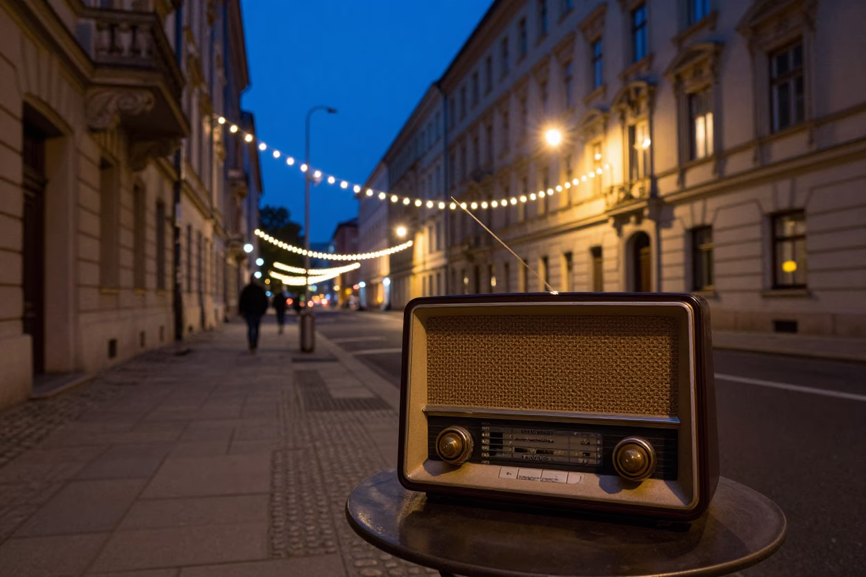 Midnight Berlin Street Scene with Vintage Radio and String Lights in in Berlin, Germany