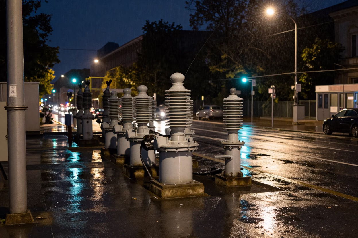 Midnight Berlin Street Scene with Wet Substation Insulators and Clipboard Under Floodlights in in Berlin, Germany