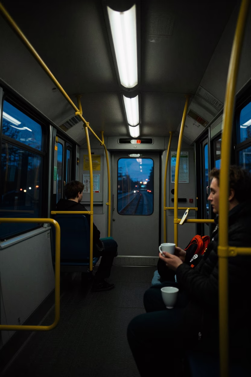 Midnight Berlin Tram Car Interior with Ceramic Cup and Dish Towel in in Berlin, Germany