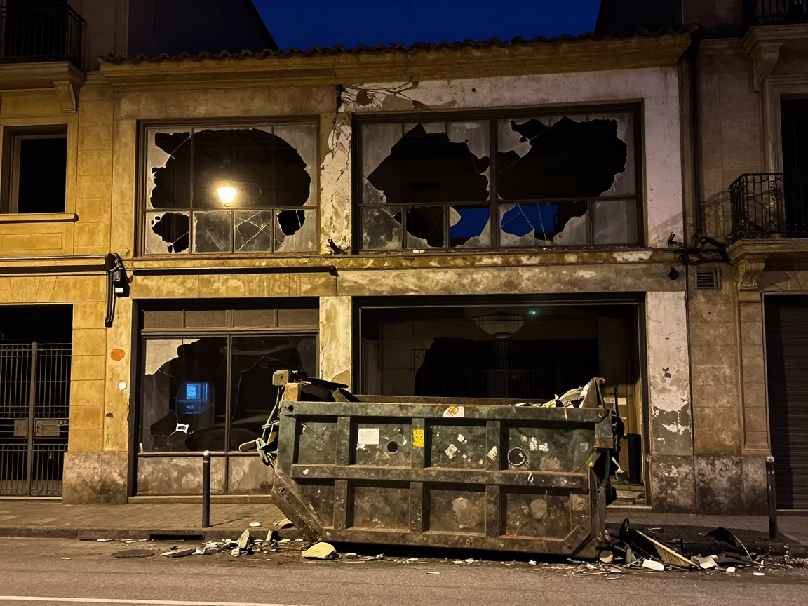 Midnight Bilbao Street Scene with Demolition Dumpster and Gutted Storefront Facade in in Bilbao, Spain