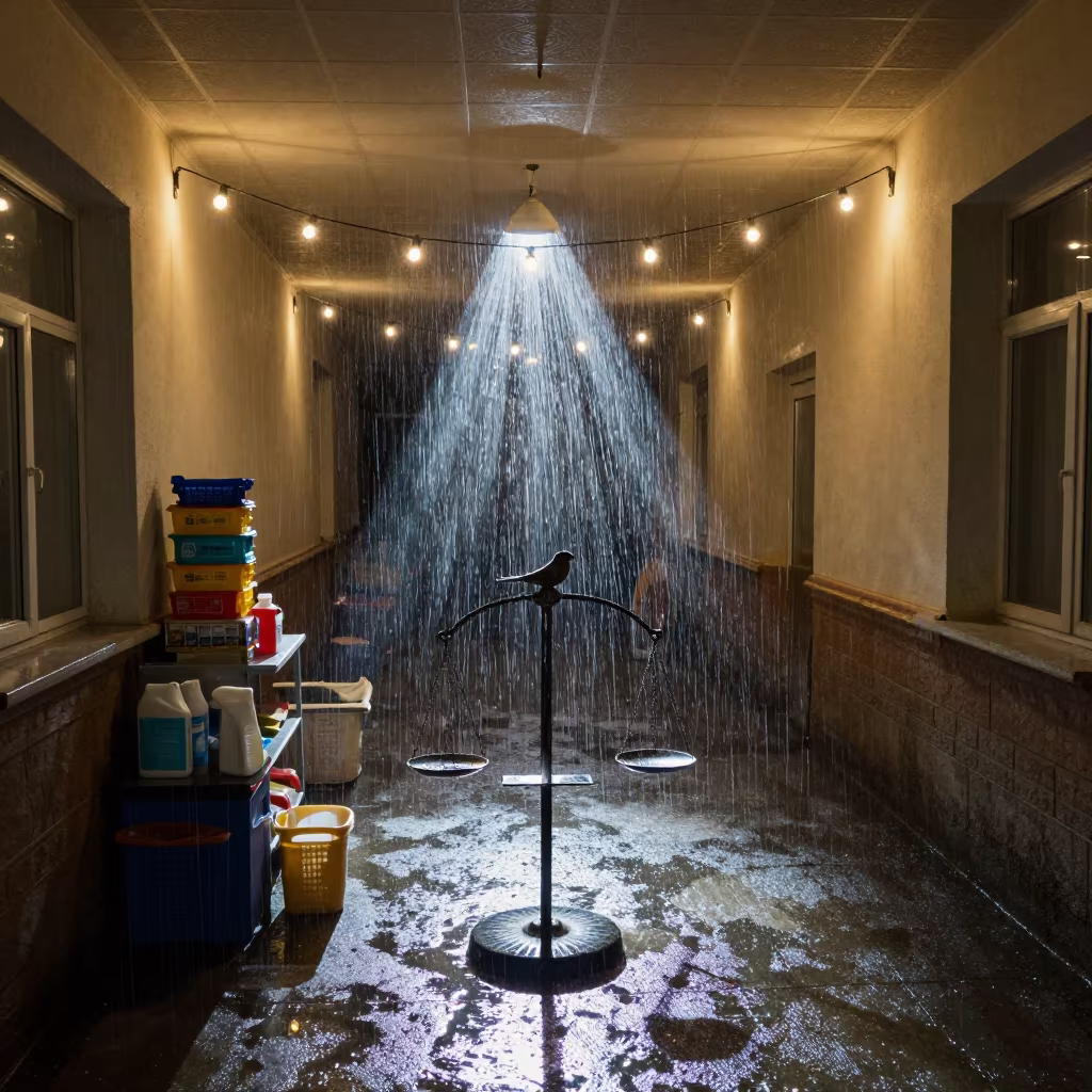 Midnight Bird Scale Perch in Surreal Kennel in in a boarding kennel corridor near Pavlodar