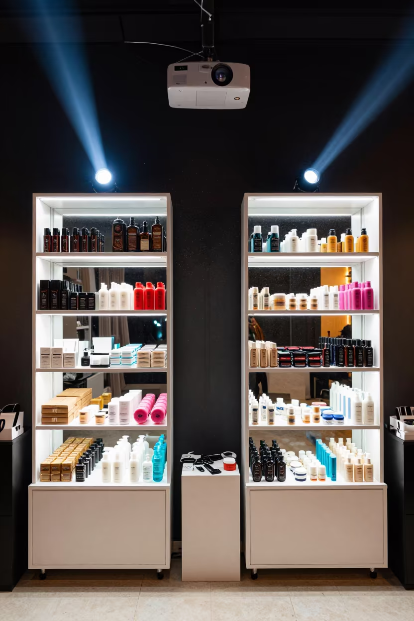 Midnight Blowout Bar Shelf Berrechid in in a beauty supply area under white LEDs in Berrechid