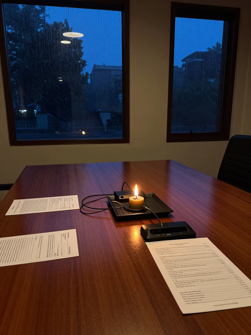 Midnight Boardroom Speakerphone Setup Kanchipuram Rain in at a boardroom table before a meeting in Kanchipuram