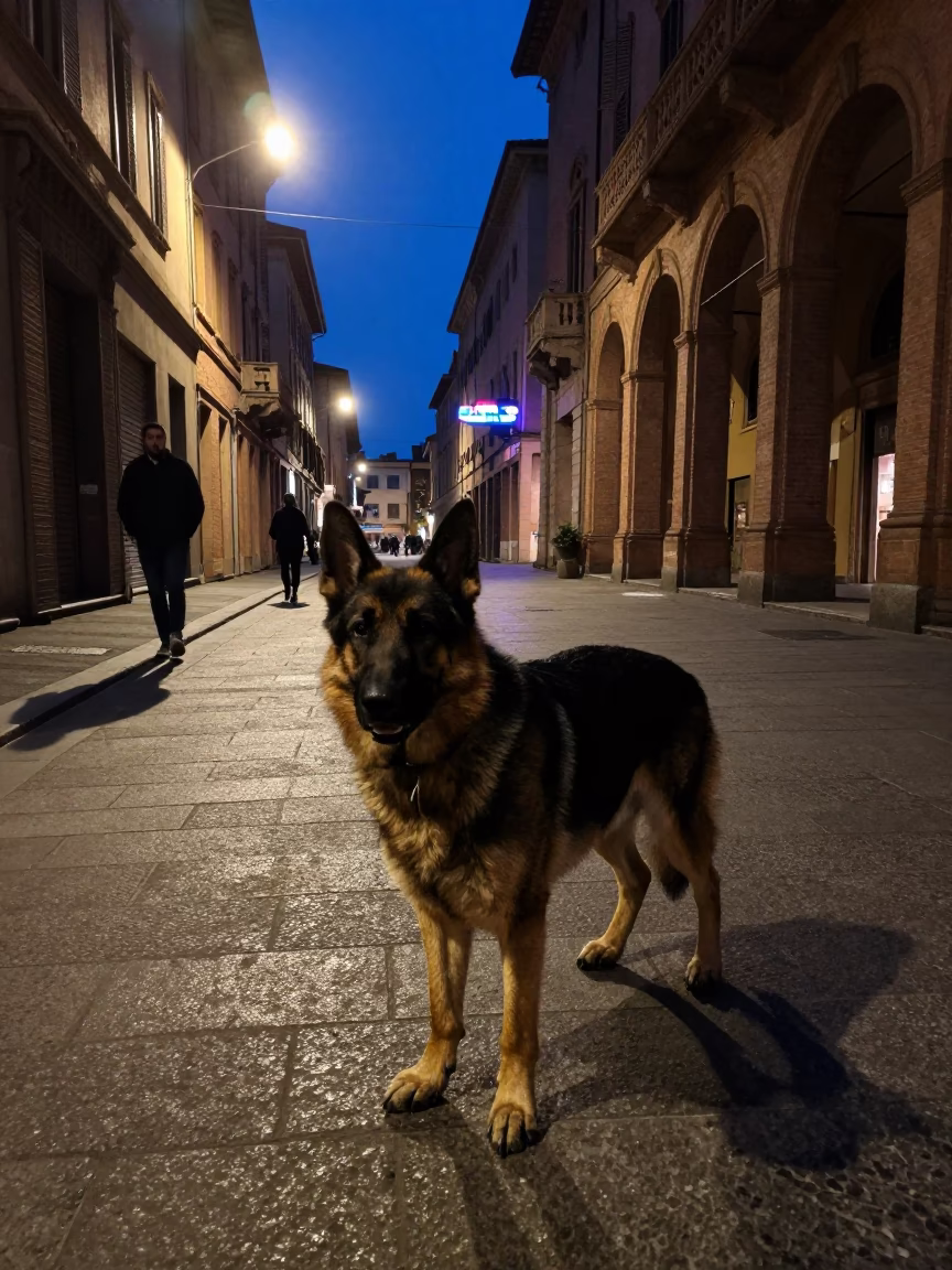 Midnight Bologna Street Scene with German Shepherd and Neon Reflections in in Bologna, Italy