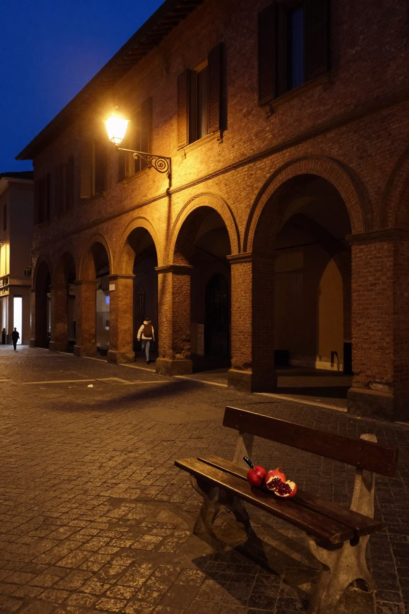 Midnight Bologna Street Scene with Pomegranate and Fountain Pen on Cobblestone in in Bologna, Italy