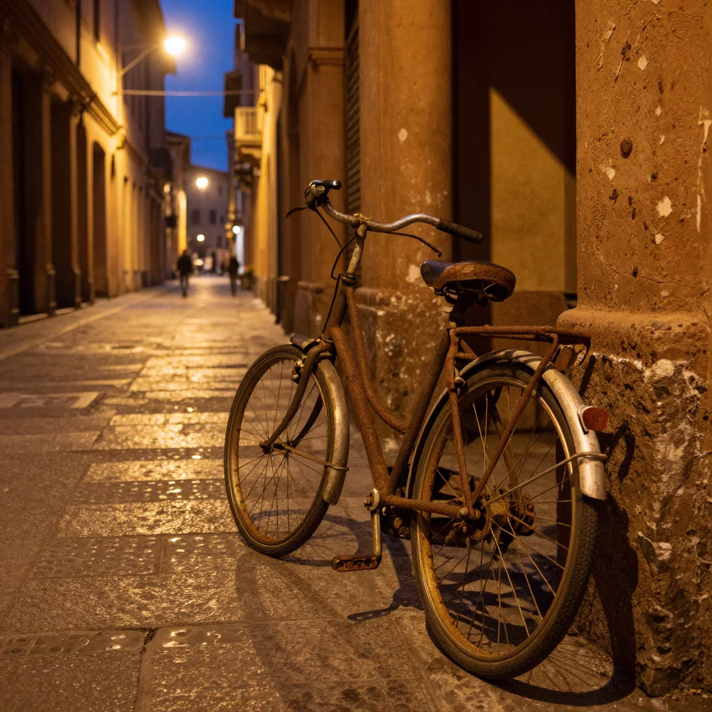 Midnight Bologna Street Scene with Rusty Bicycle and Urban Details in in Bologna, Italy