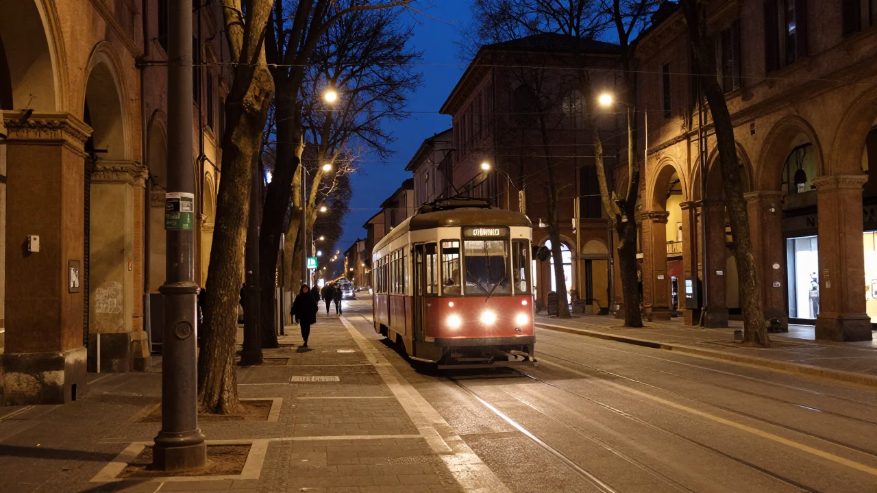 Midnight Bologna Street Scene with Tramcar and Local Details in in Bologna, Italy