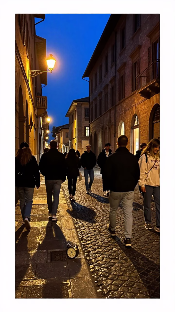 Midnight Bologna Street Scene with Vintage Alarm Clock and Grease Sheen in in Bologna, Italy