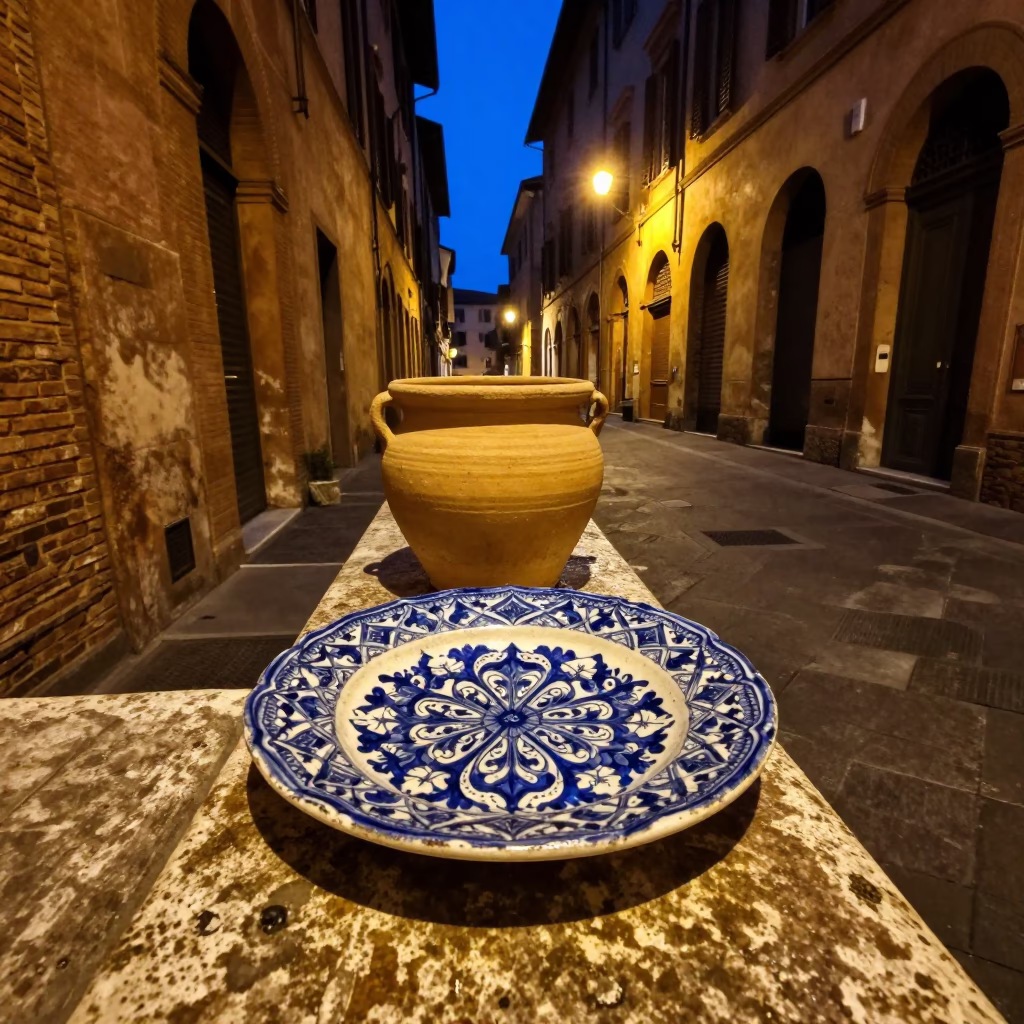 Midnight Bologna Street Scene with Vintage Majolica Plate and Clay Pot in Italian Alleyway in in Bologna, Italy