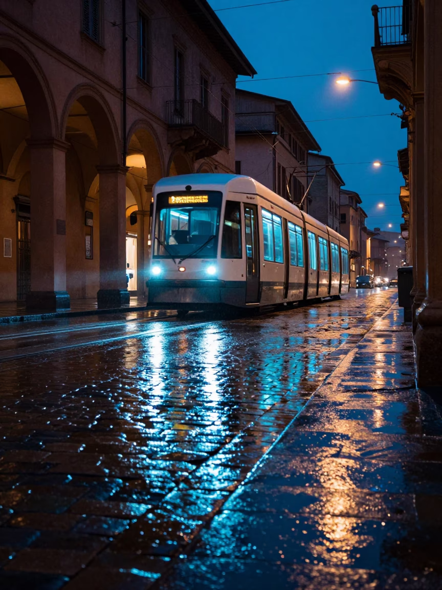 Midnight Bologna Tram Reflection on Wet Cobblestones Near Porticoes in in Bologna, Italy