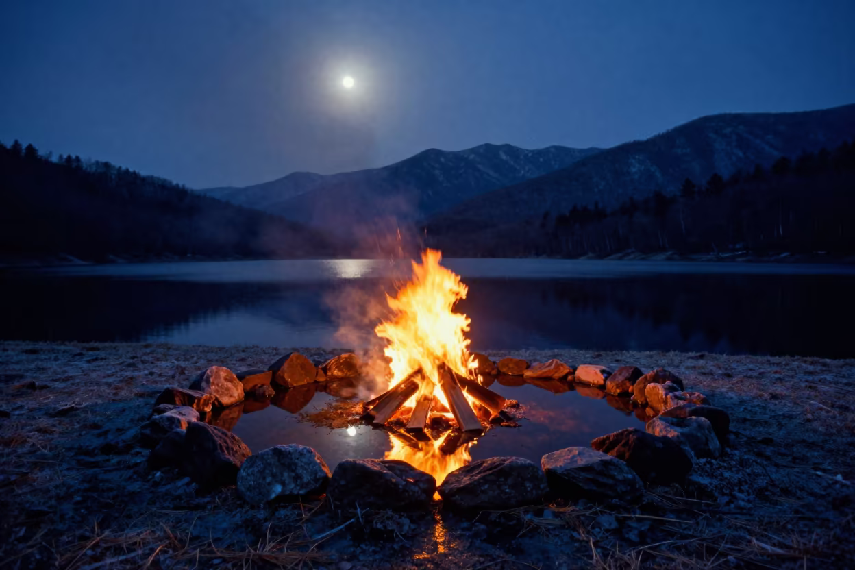Midnight Bonfire Reflection on Highland Loch in from a frost-hushed ridgeline in Chubu
