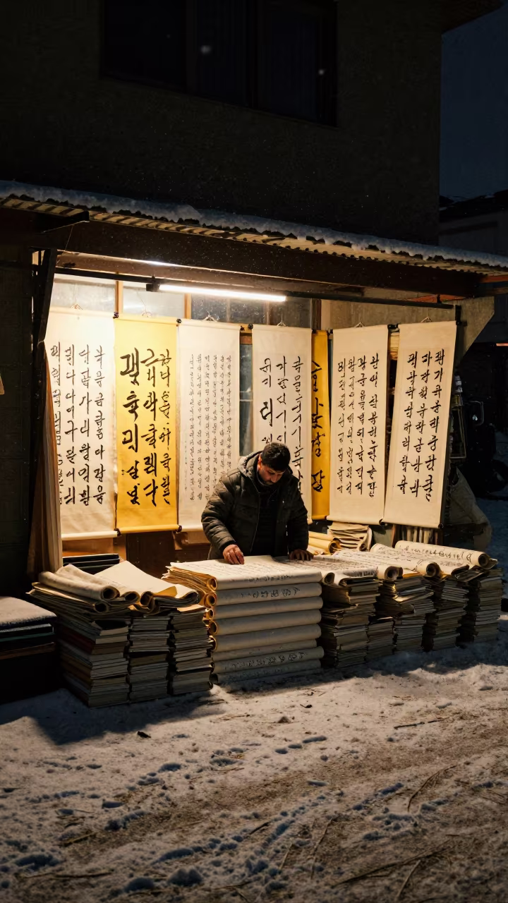 Midnight Bookseller Under Calligraphy Scrolls in Snow in near Abbottabad