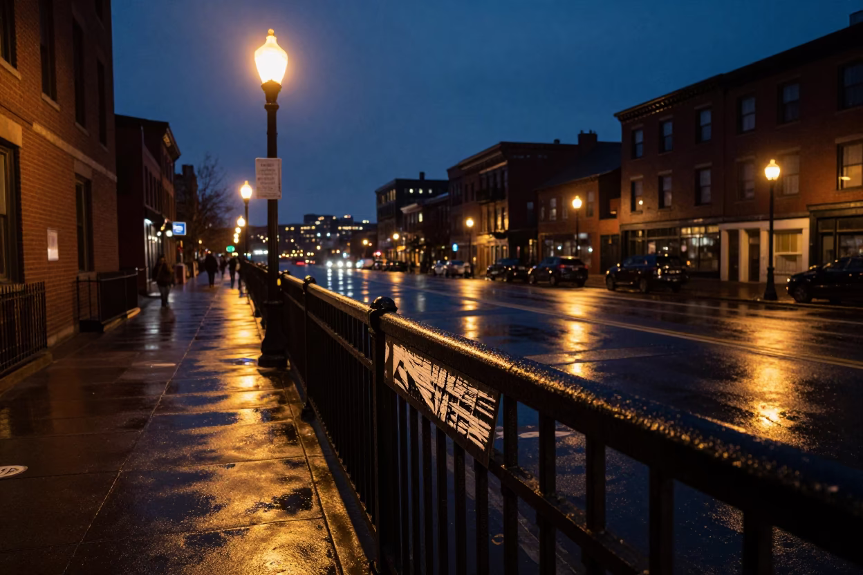 Midnight Boston Harbor Street Scene with Scratched Rail and Empty City Lights in in Boston, Massachusetts, United States