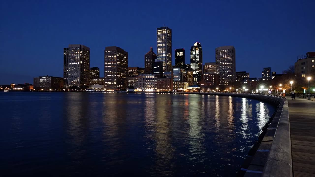 Midnight Boston Harbor Waterfront Walkway with Distant City Lights and Dark Water in in Boston, Massachusetts, United States