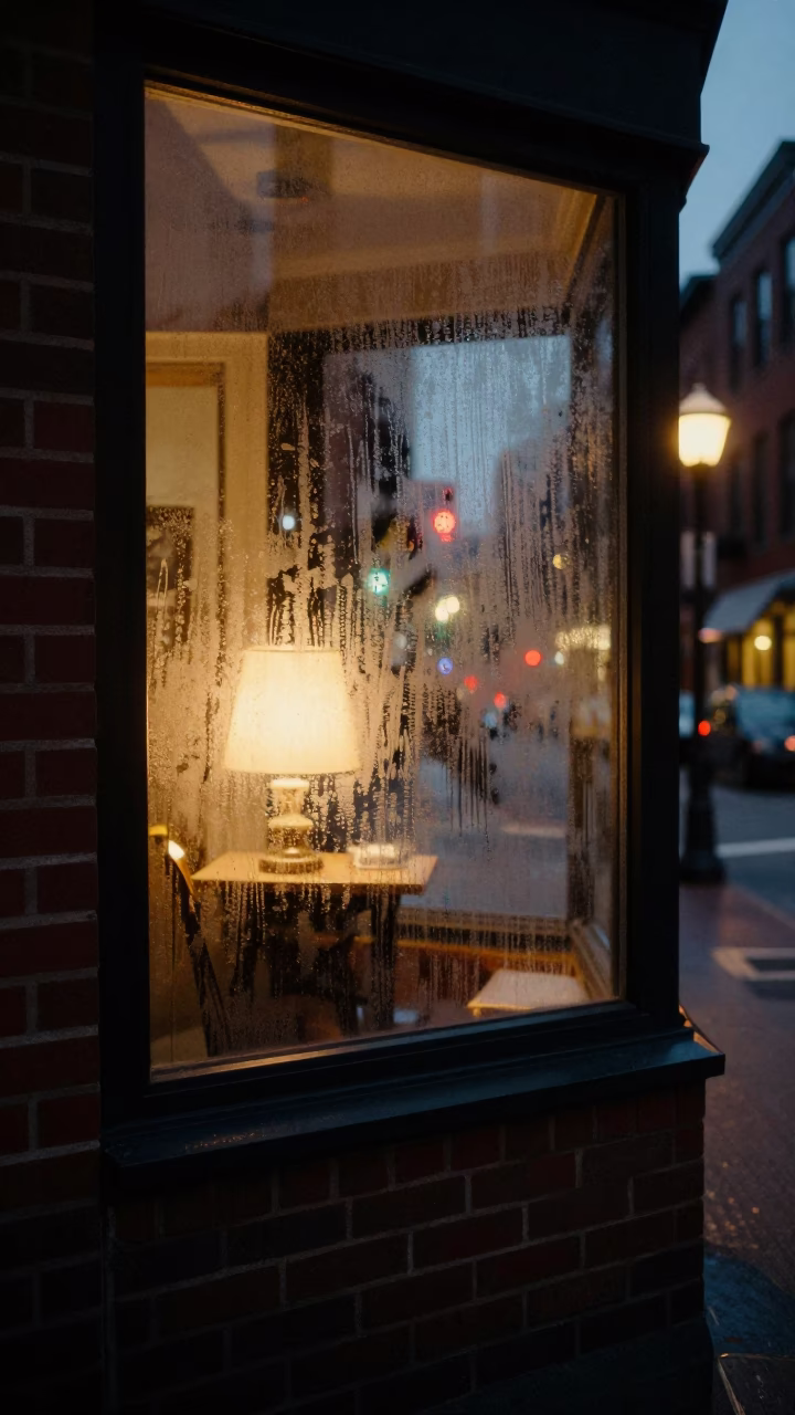 Midnight Boston Street Corner with Condensation on Shelf and Table Lamp in in Boston, Massachusetts, United States