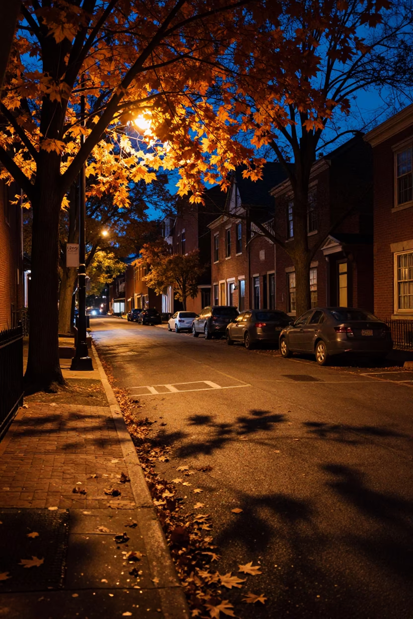 Midnight Boston Street Scene with Autumn Maple Leaves and Vintage Urban Details in in Boston, Massachusetts, United States