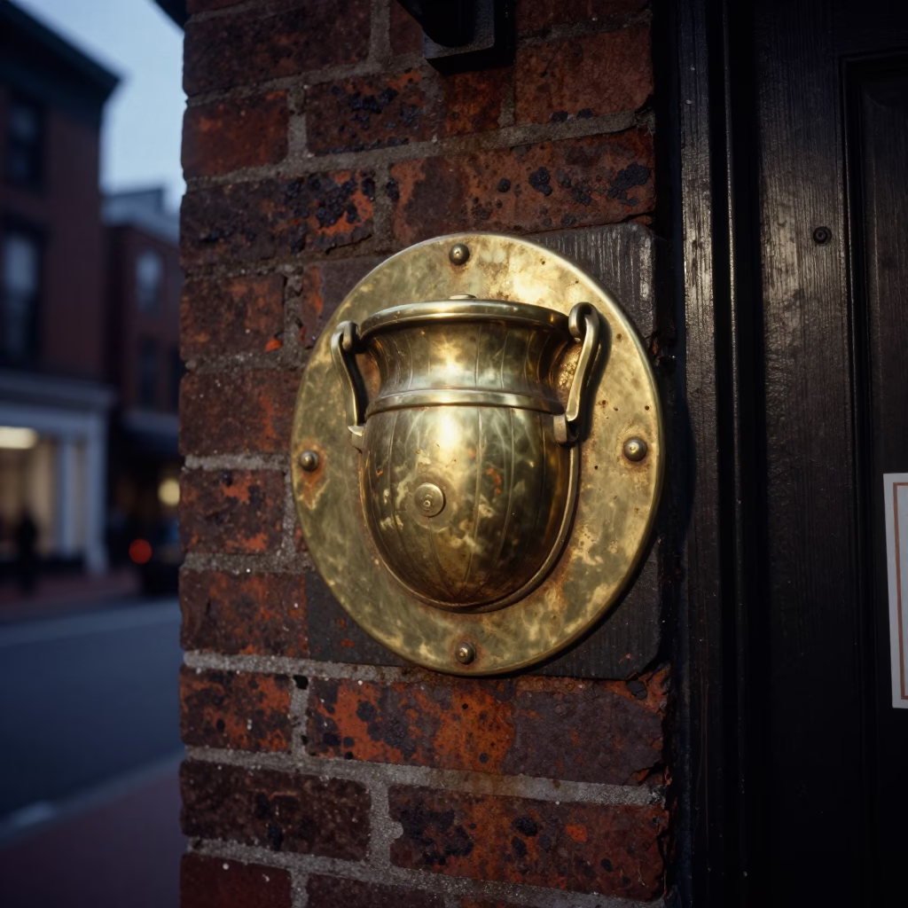 Midnight Boston Street Scene with Brass Escutcheon and Rusty Shelf Bracket Detail in in Boston, Massachusetts, United States