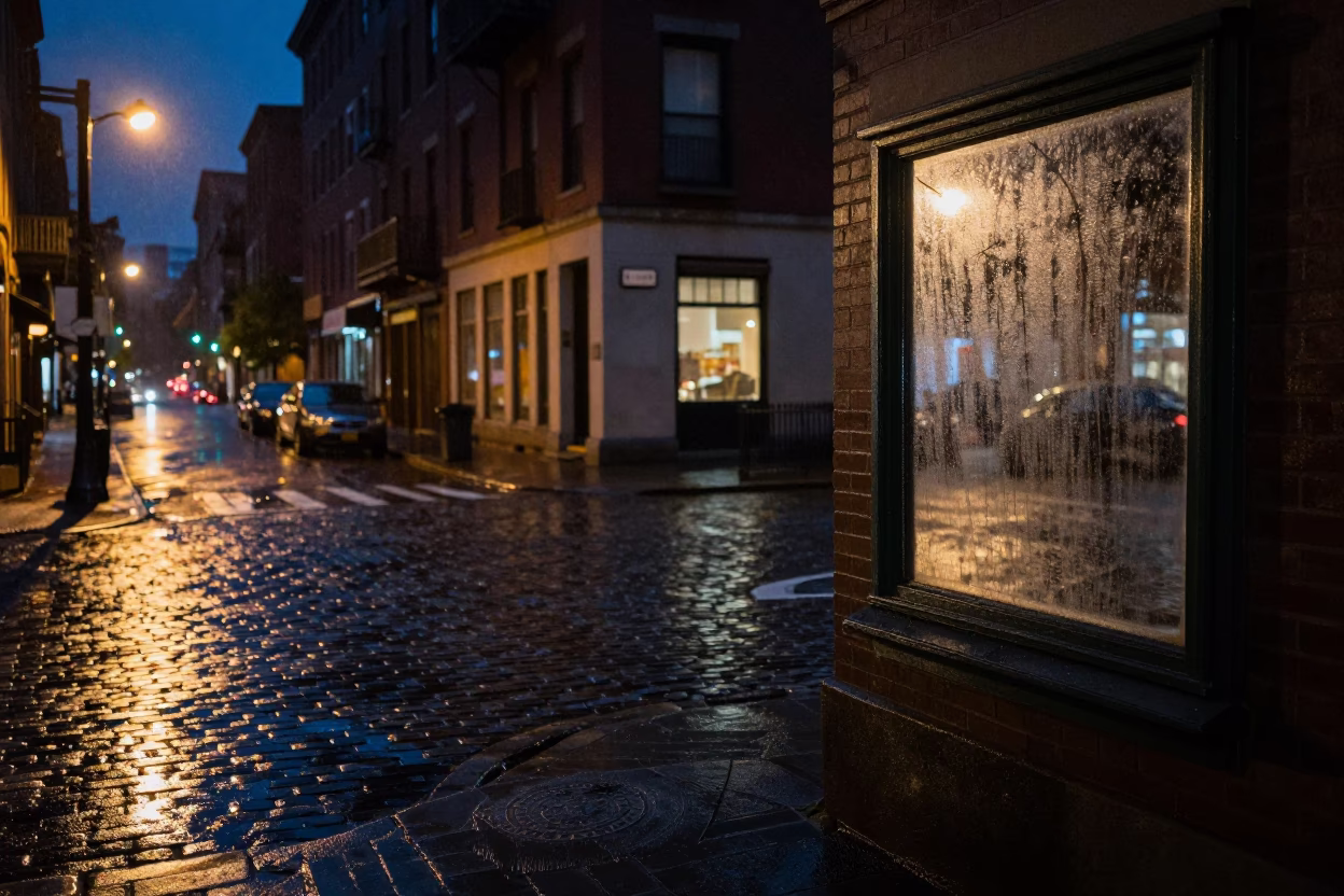 Midnight Boston Street Scene with Condensation on Mirror and Brushed Steel Chair in in Boston, Massachusetts, United States