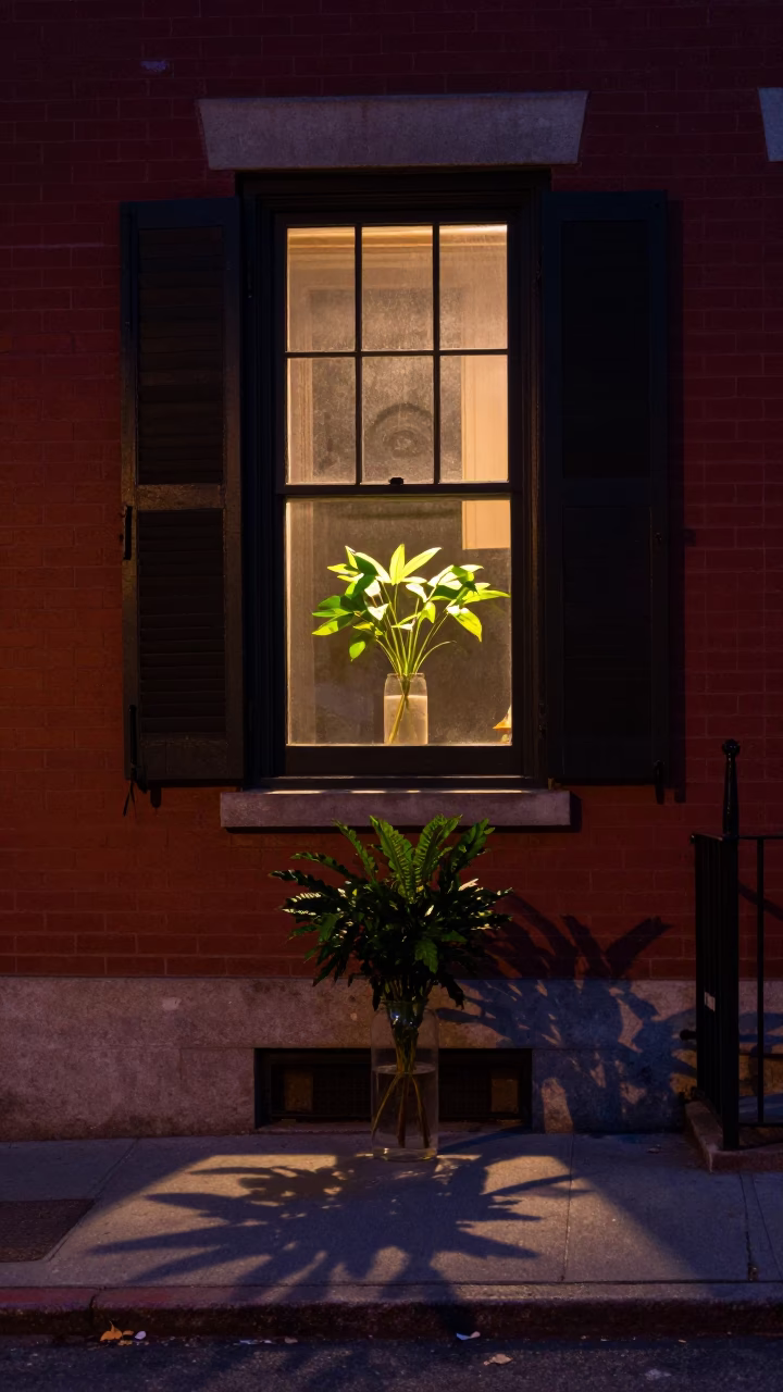 Midnight Boston Street Scene with Glass Vase and Houseplant in Window in in Boston, Massachusetts, United States