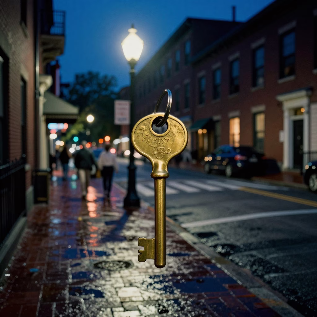 Midnight Boston Street Scene with Heirloom Key and Brushed Steel Latch Detail in in Boston, Massachusetts, United States