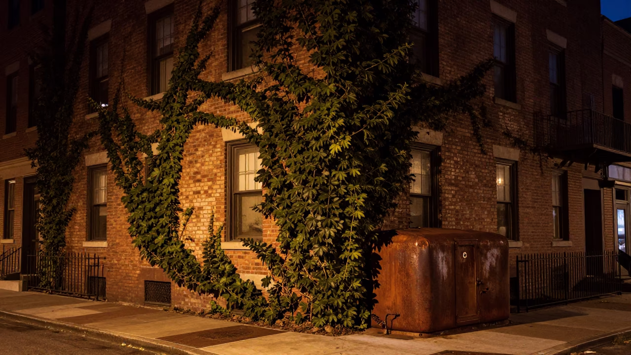 Midnight Boston Street Scene with Ivy Vines and Rusty Window Glass Reflecting City Lights in in Boston, Massachusetts, United States