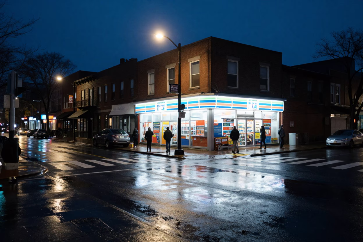 Midnight Boston Street Scene with Neon Reflections and Urban Decay in in Boston, Massachusetts, United States