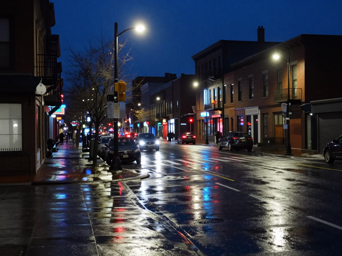 Midnight Boston Street Scene with Neon Reflections and Urban Details in in Boston, Massachusetts, United States