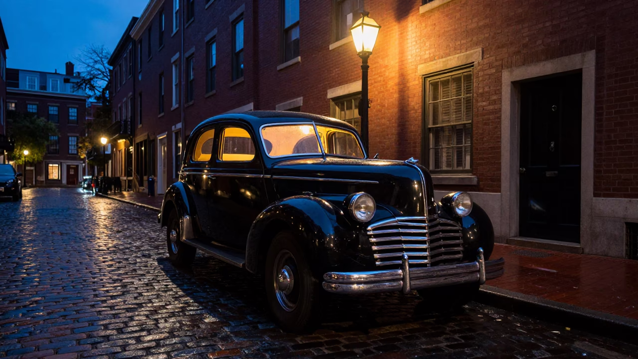 Midnight Boston Street Scene with Vintage Car and Lantern Light in in Boston, Massachusetts, United States