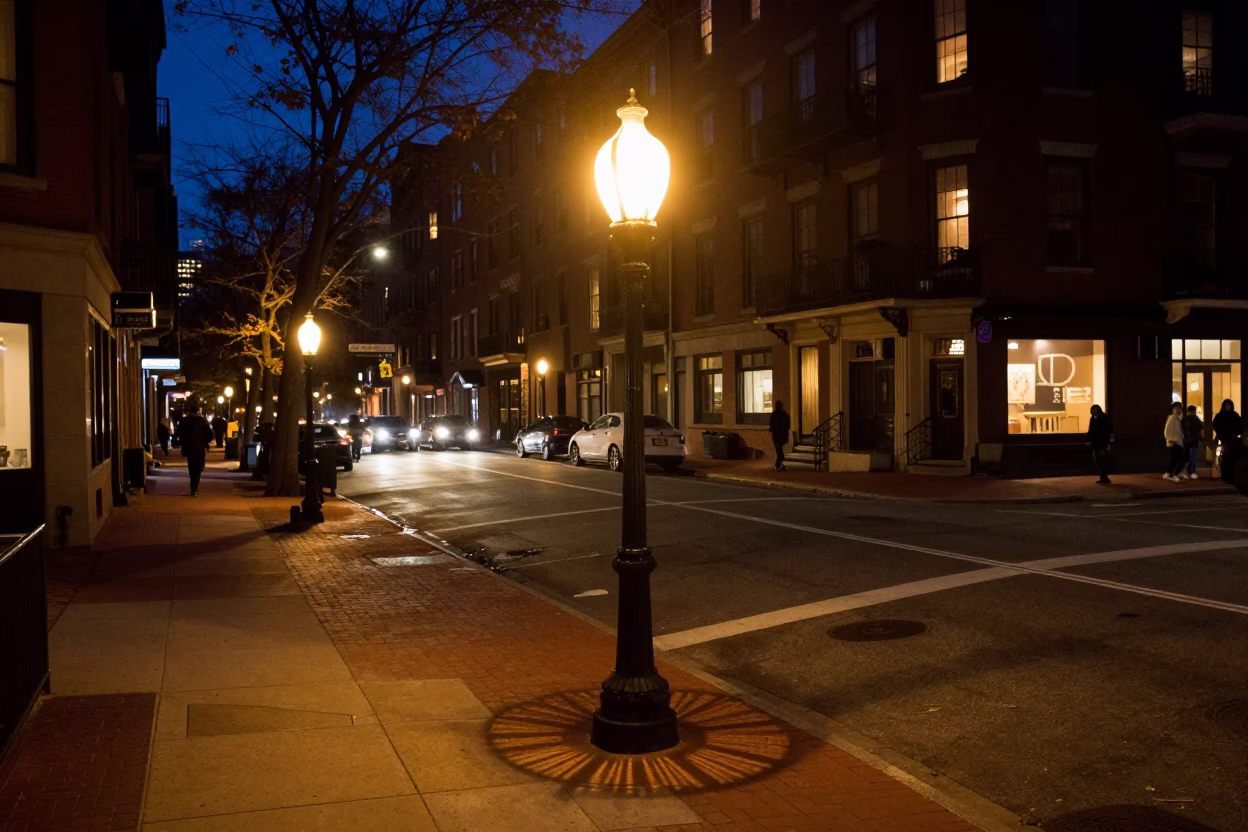 Midnight Boston Street Scene with Vintage Lamp and Urban Details in in Boston, Massachusetts, United States