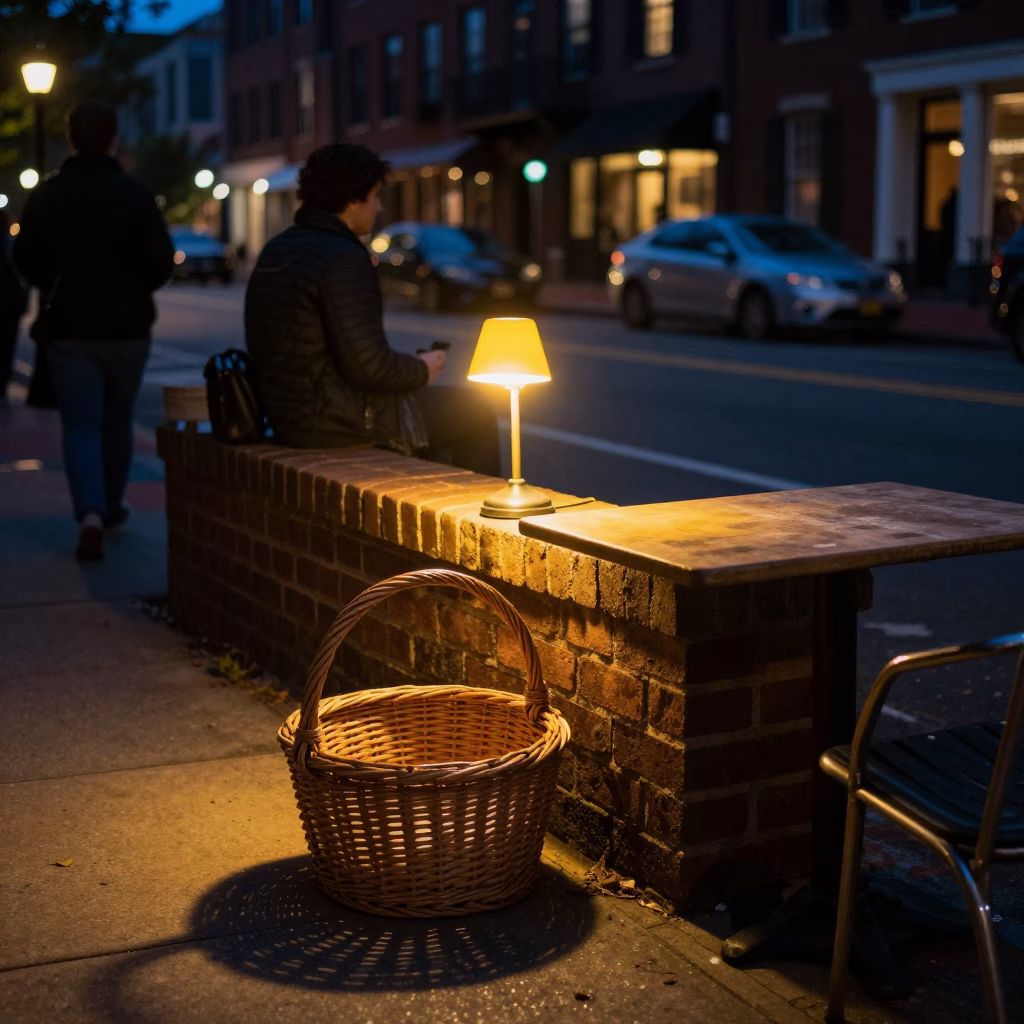 Midnight Boston Street Scene with Wicker Basket and Table Lamp in in Boston, Massachusetts, United States