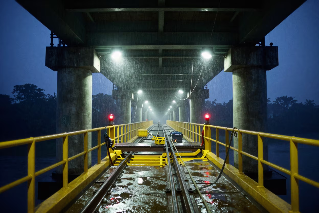 Midnight Bridge Maintenance Under Brunei Steel in under a viaduct of steel and concrete in Brunei
