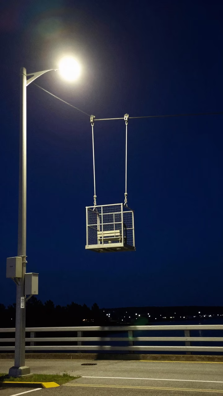 Midnight Bridge Maintenance Cage Swinging in Halifax Crosswind Nova Scotia in in Halifax, Nova Scotia, Canada