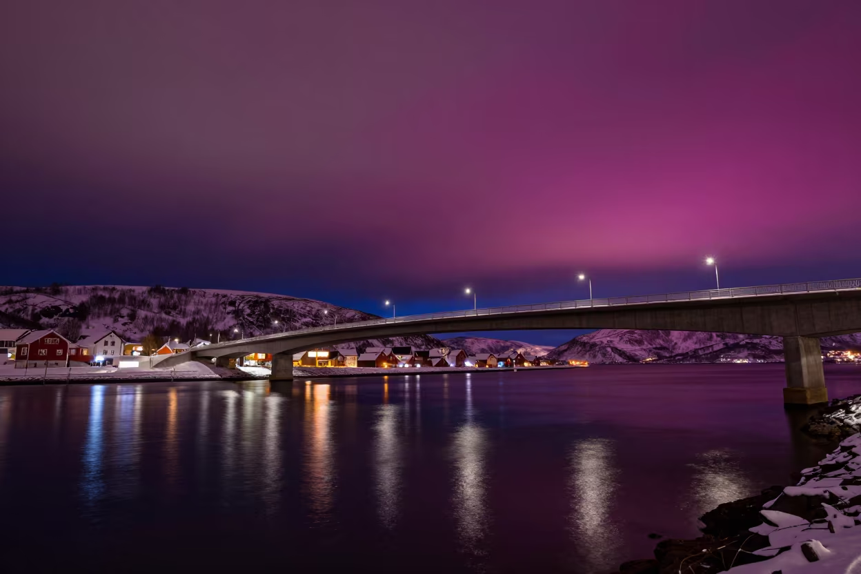 Midnight Bridge Reflection Magenta Sky Norway in in Norway
