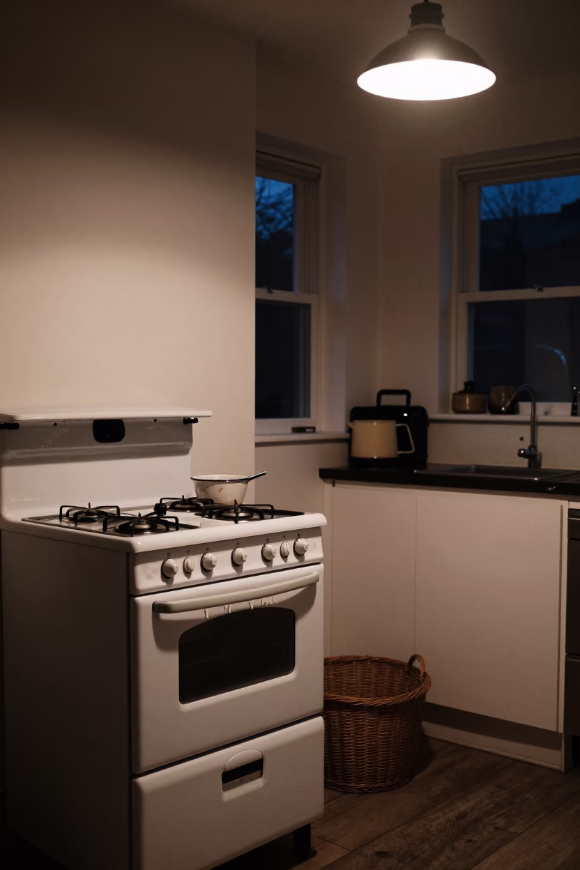 Midnight Bristol Kitchen Scene with Enamel Drips and Basket in United Kingdom in in Bristol, United Kingdom