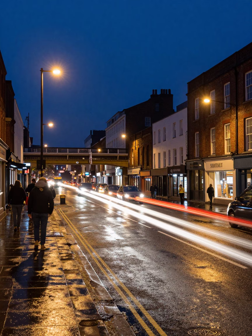 Midnight Bristol Street Scene with Overpass Taillight Streaks and Urban Night Life in in Bristol, United Kingdom