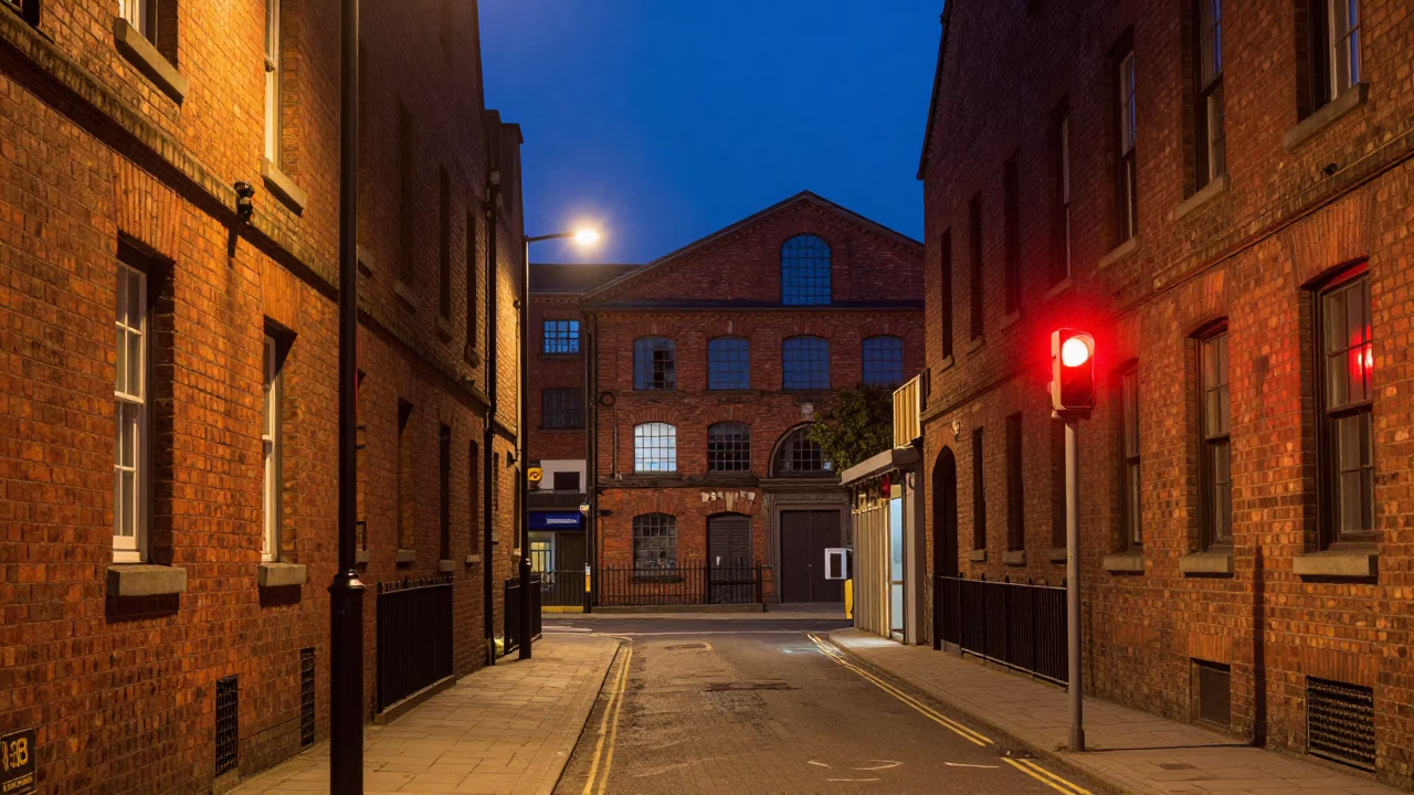 Midnight Bristol Street Scene with Red Beacon and Urban Architecture in in Bristol, United Kingdom